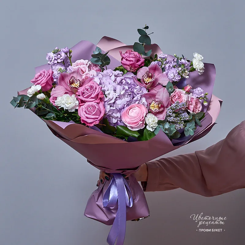 Букет из ароматных роз, маттиолы, орхидей и гортензии "Лиловая роскошь", фото 2