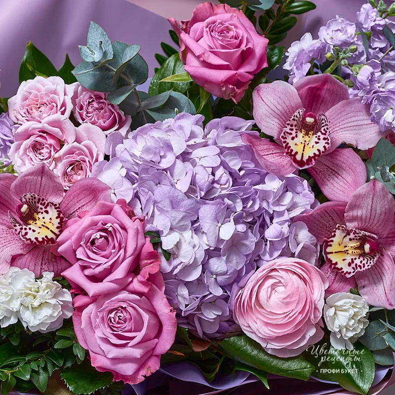 Букет из ароматных роз, маттиолы, орхидей и гортензии "Лиловая роскошь", фото 4